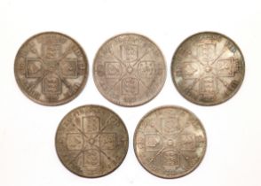 Five Victorian double florins, 1887,1888,1889 and 1890