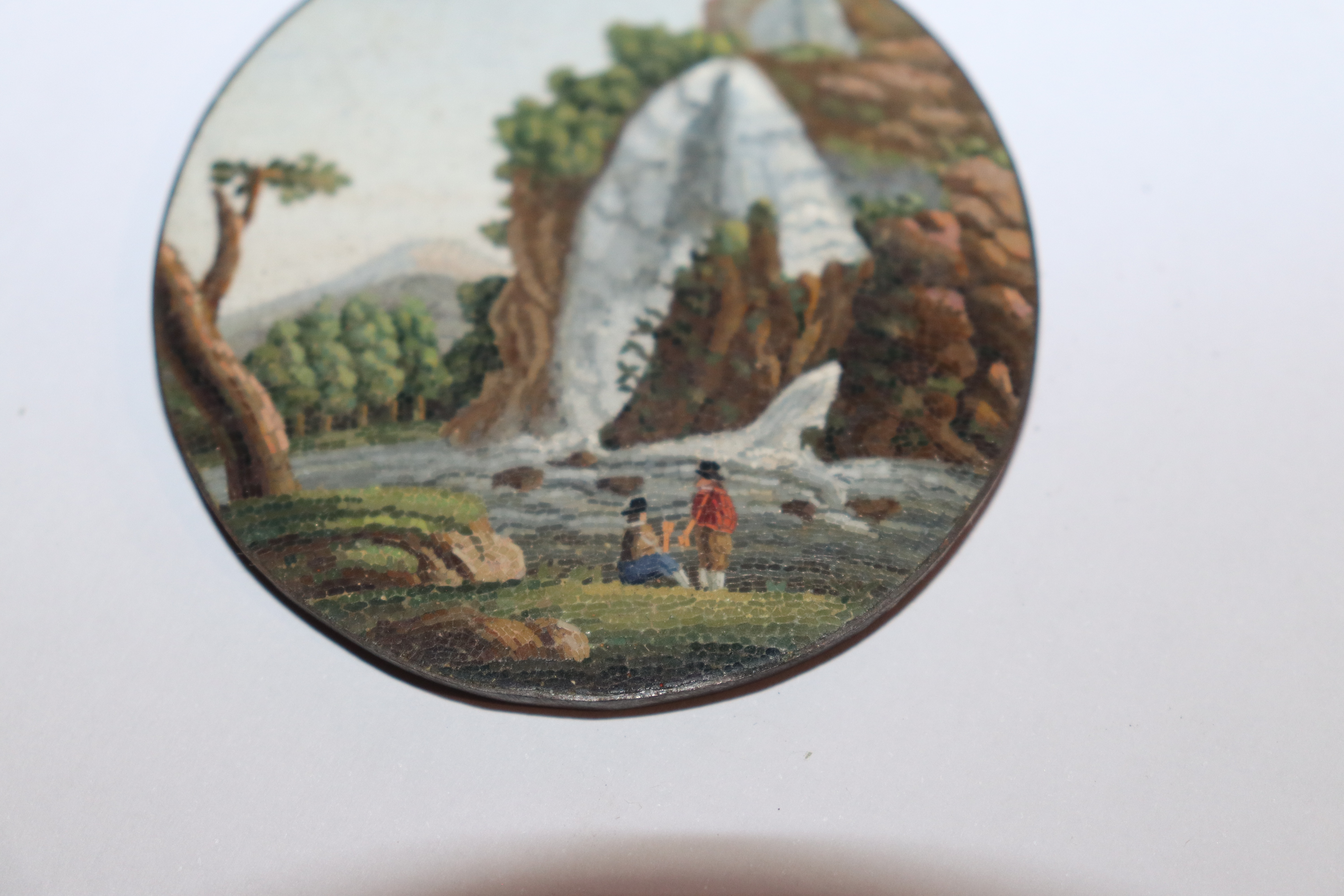 A miniature circular micro mosaic picture depicting figures in front of a waterfall; and a pair of - Image 7 of 11