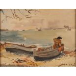 Allan Walton 1891-1948, coastal scene with rowing boats on the shore, other vessels out to sea,