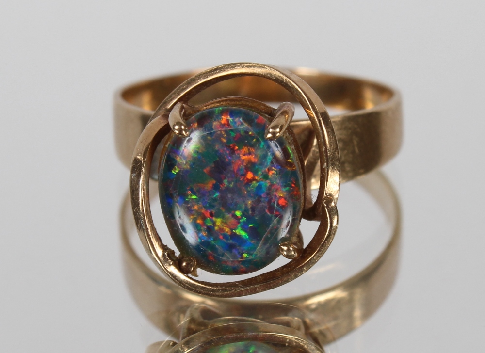 A 9ct gold opal set dress ring with pierced claw mount, 3.8gms - Image 4 of 4