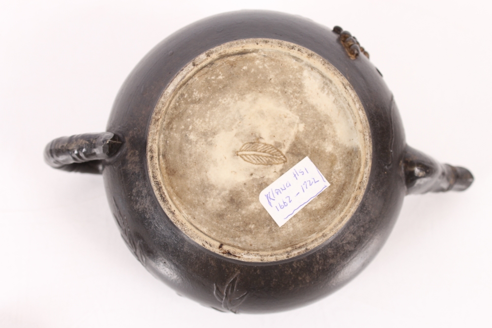 A Chinese black glazed teapot of squat form with raised animal and berry decoration, leaf shaped - Image 4 of 20