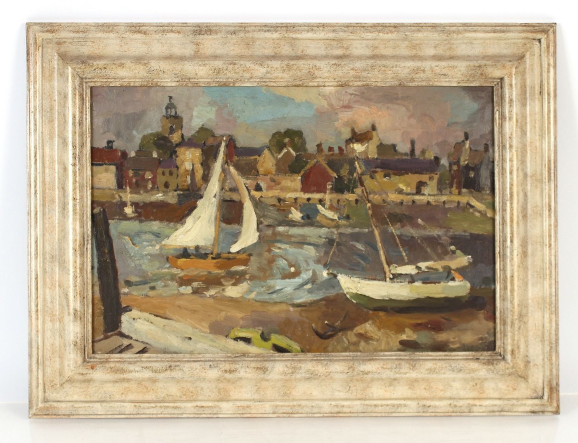 Attributed to Allan Walton, study of a harbour, unsigned oil on canvas, 30cm x 44cm - Image 2 of 2