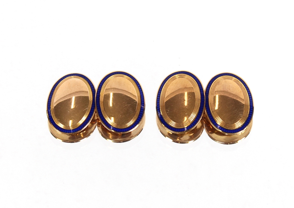 A pair of 9ct gold and blue enamel cuff-links, 6.5