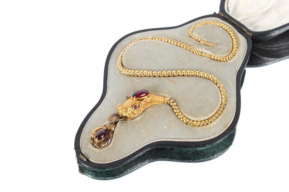 A Victorian yellow metal and garnet set serpent necklace, 18gms total weight, (tests as gold) in - Image 3 of 34