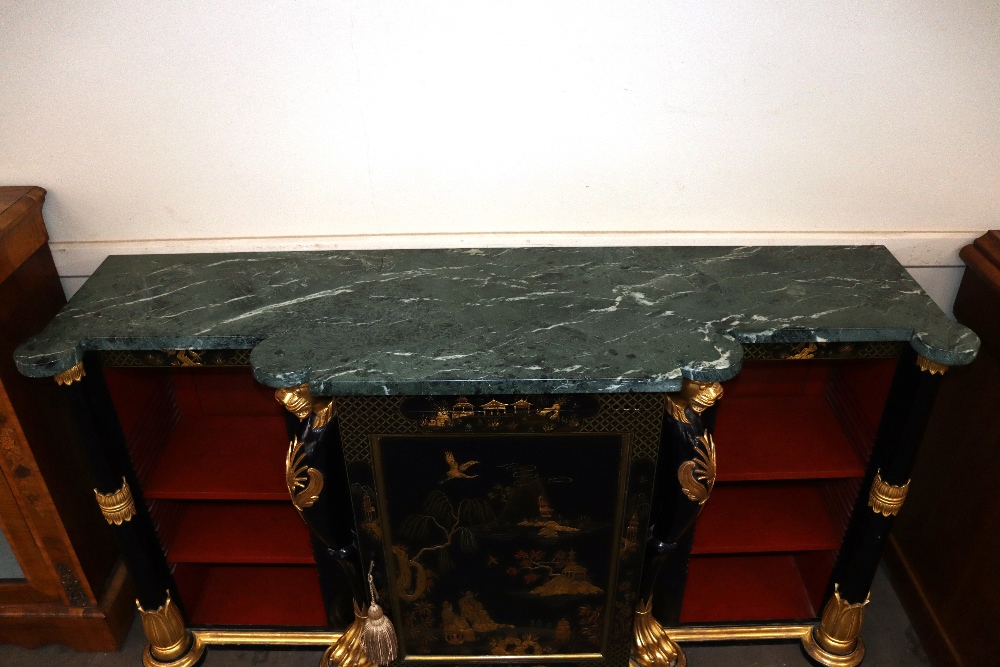 A Chinoiserie decorated credenza surmounted by green marble top, central cupboard and open end - Image 2 of 4