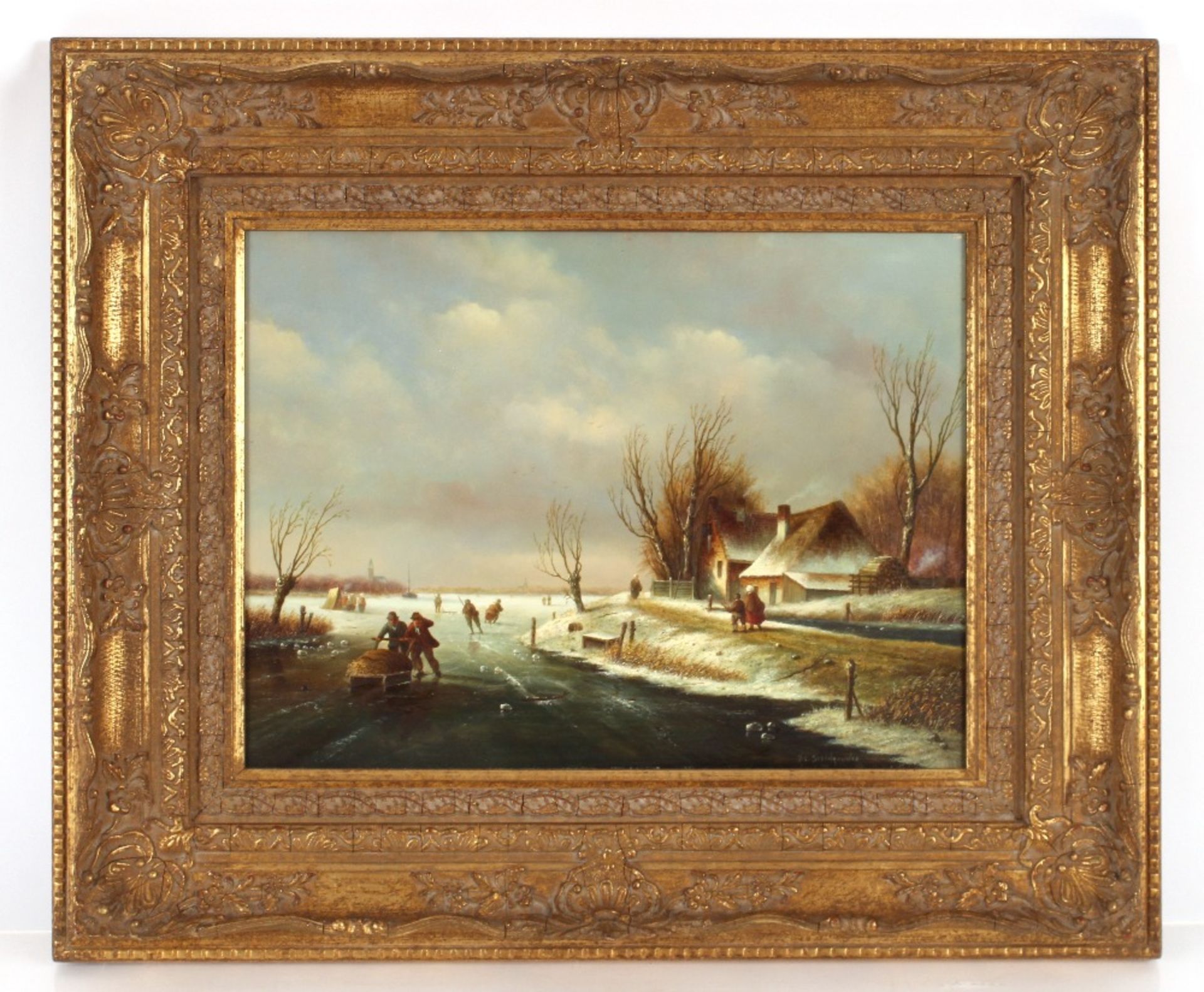 P.C. Steenhouwer, study of frozen Dutch canal scene with figures skating, signed oil on board, - Image 2 of 3