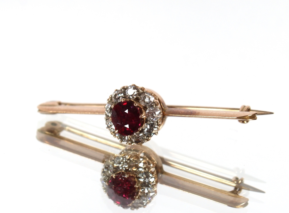 A yellow metal ruby and diamond set snap bangle, bar brooch and ring, having interchangeable and - Image 6 of 14