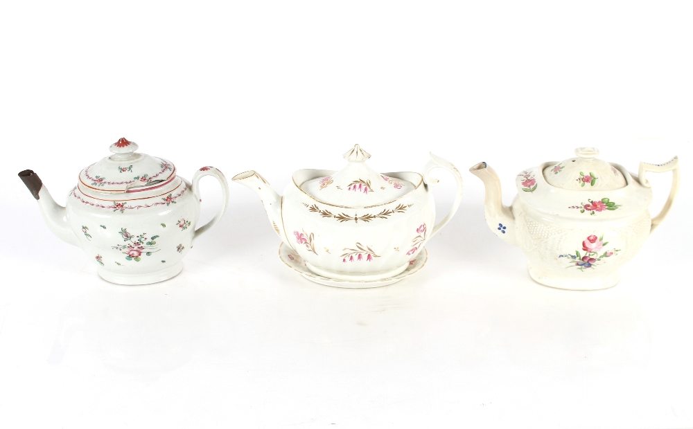 Three early 19th Century tea pots, Worcester and Newhall, the Worcester example with a stand