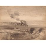 Sunderland Rollinson, study of a steam train crossing a viaduct, signed watercolour, 22.5cm x