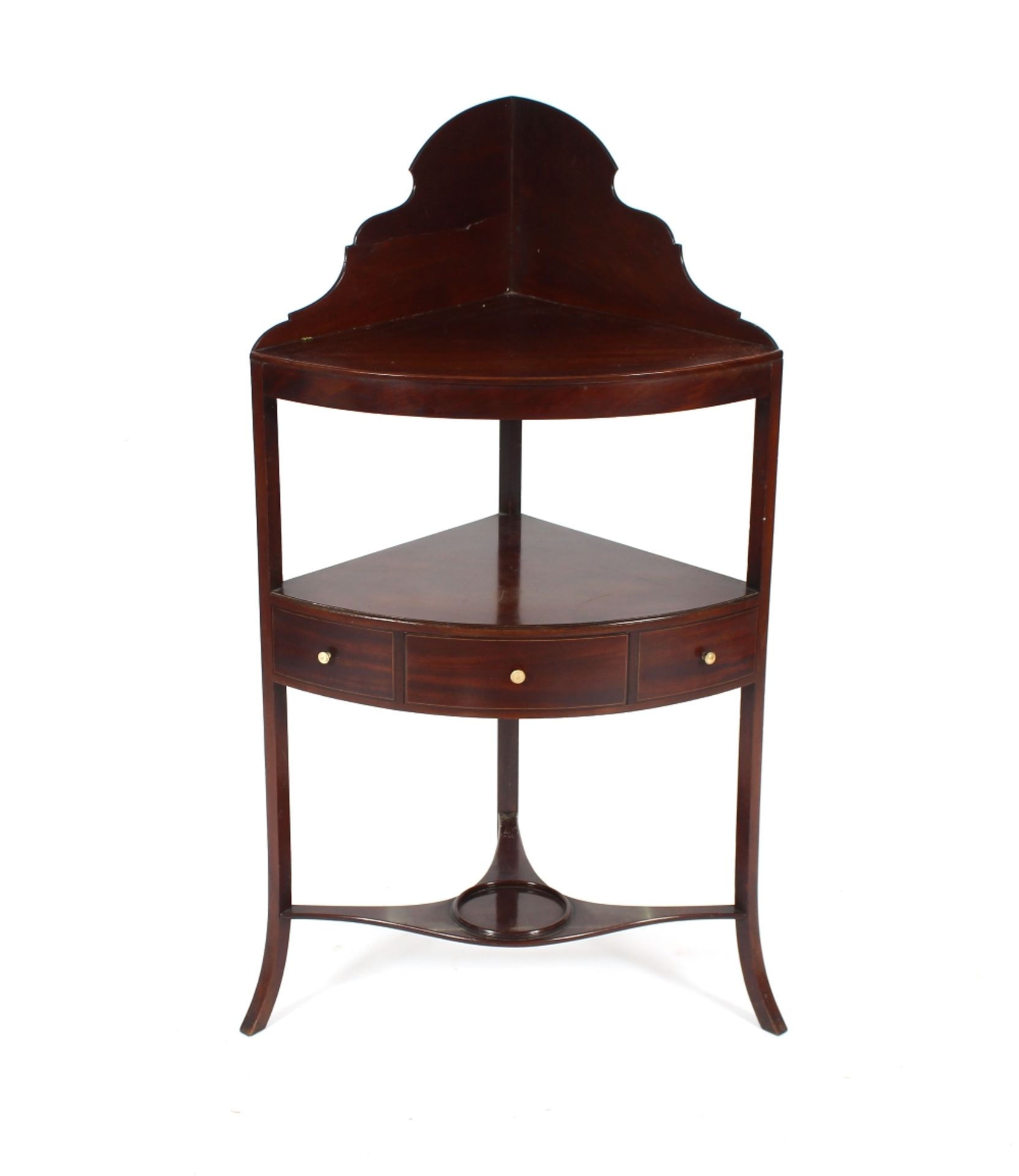 A 19th Century mahogany corner washstand, fitted single drawer raised on out swept supports,