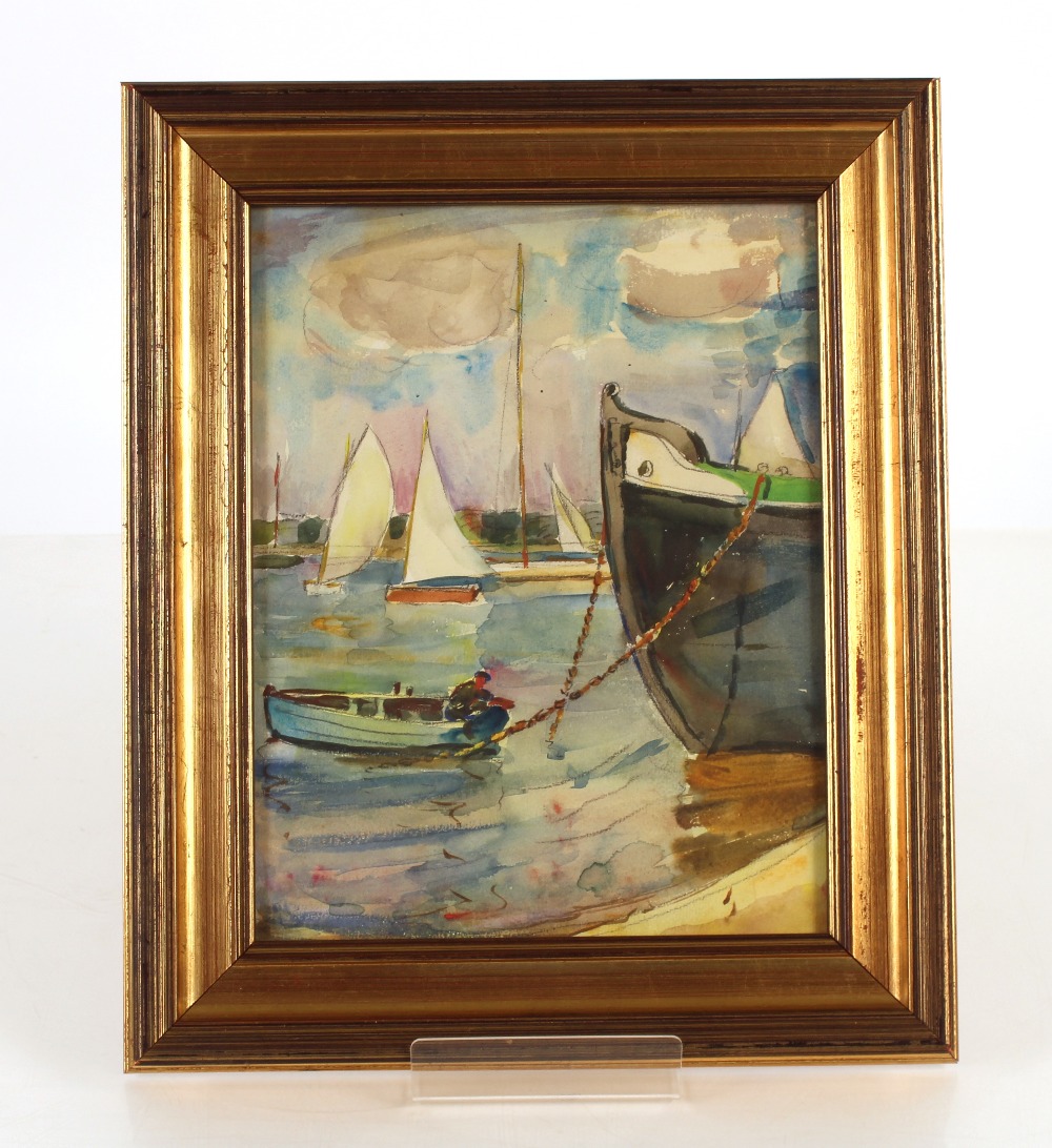 Allan Walton 1891-1948, study of a harbour scene with moored boat and figure seated in a rowing - Image 2 of 2
