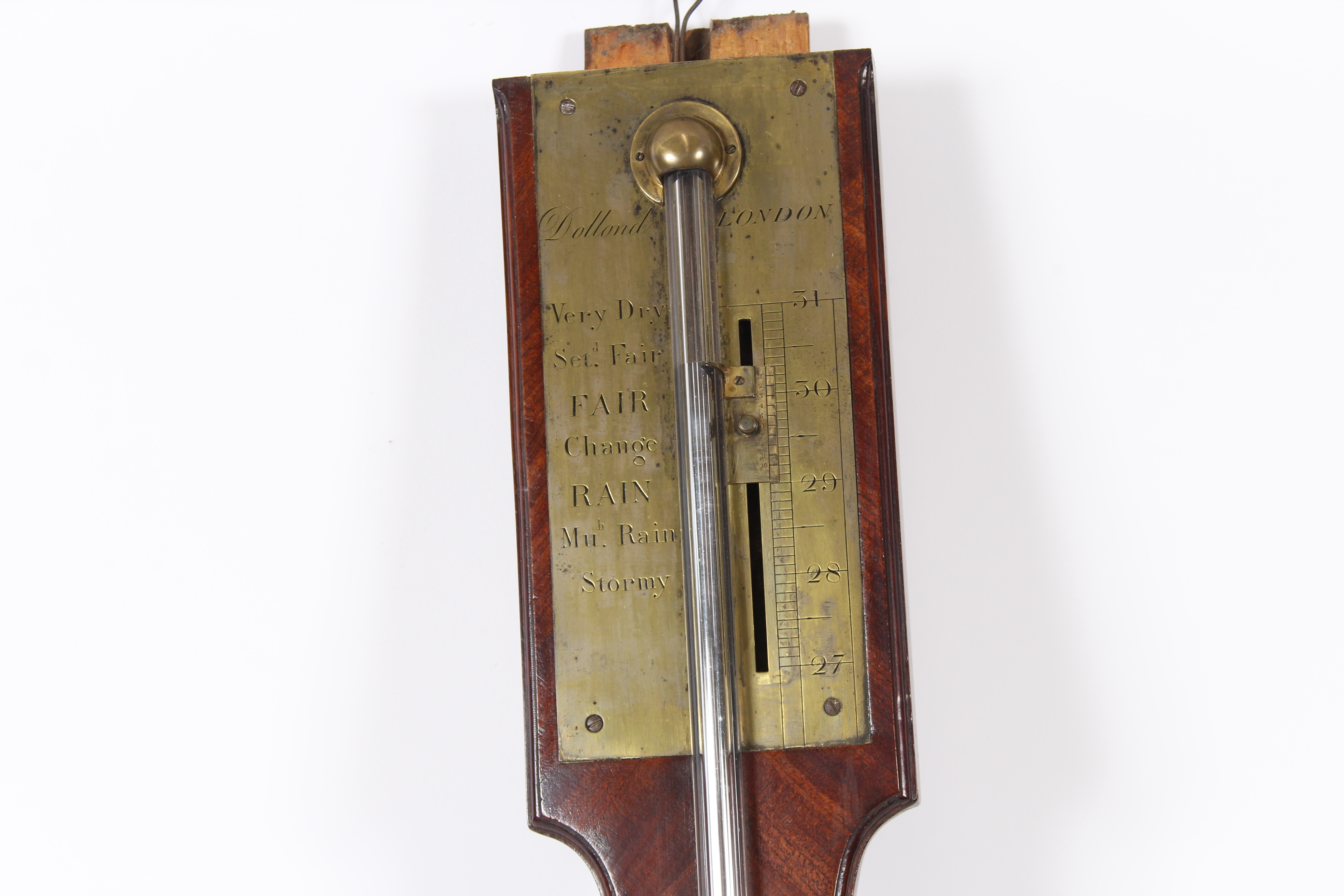 A 19th Century mahogany stick barometer by Dolland of London, having scroll arched pediment, brass - Image 2 of 3