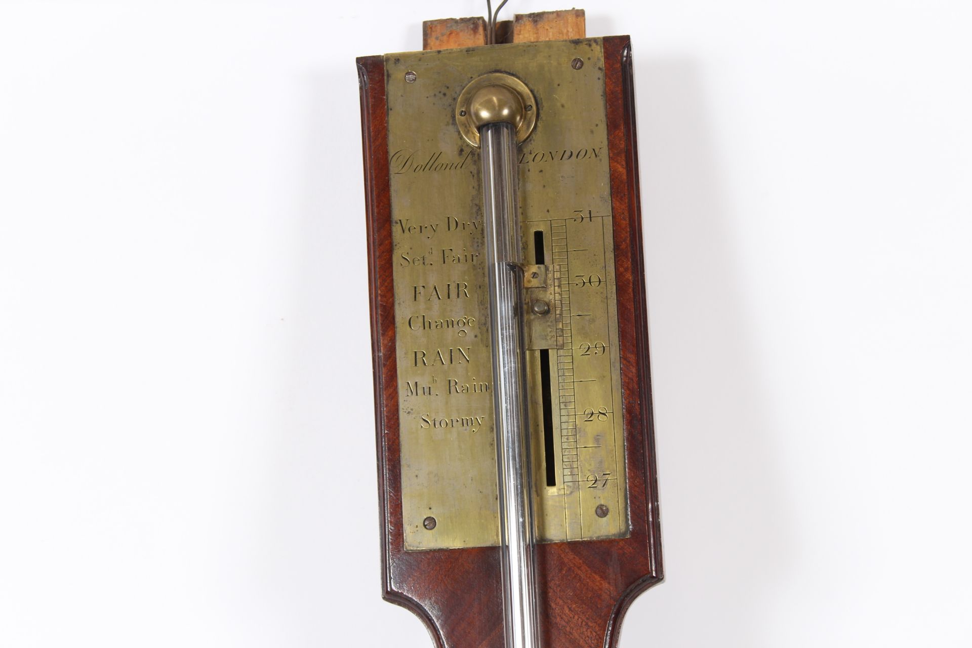 A 19th Century mahogany stick barometer by Dolland of London, having scroll arched pediment, brass - Image 2 of 3