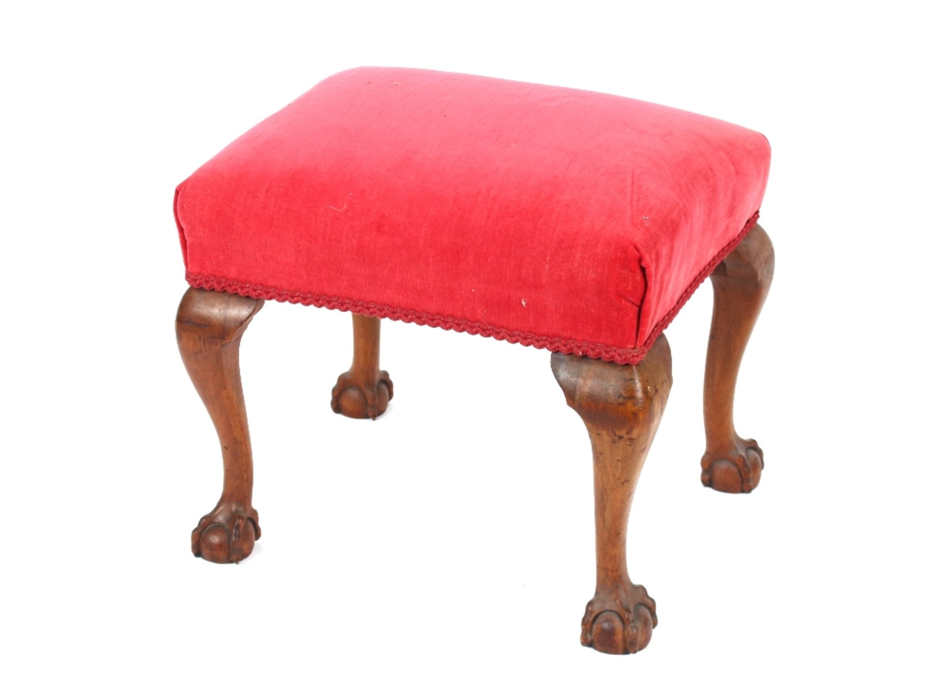 A mahogany framed dressing stool, with red Dralon upholstered seat, raised on cabriole supports,