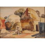 Allan Walton 1891-1948, study of harvesting scene with farm worker in the fore ground, watercolour