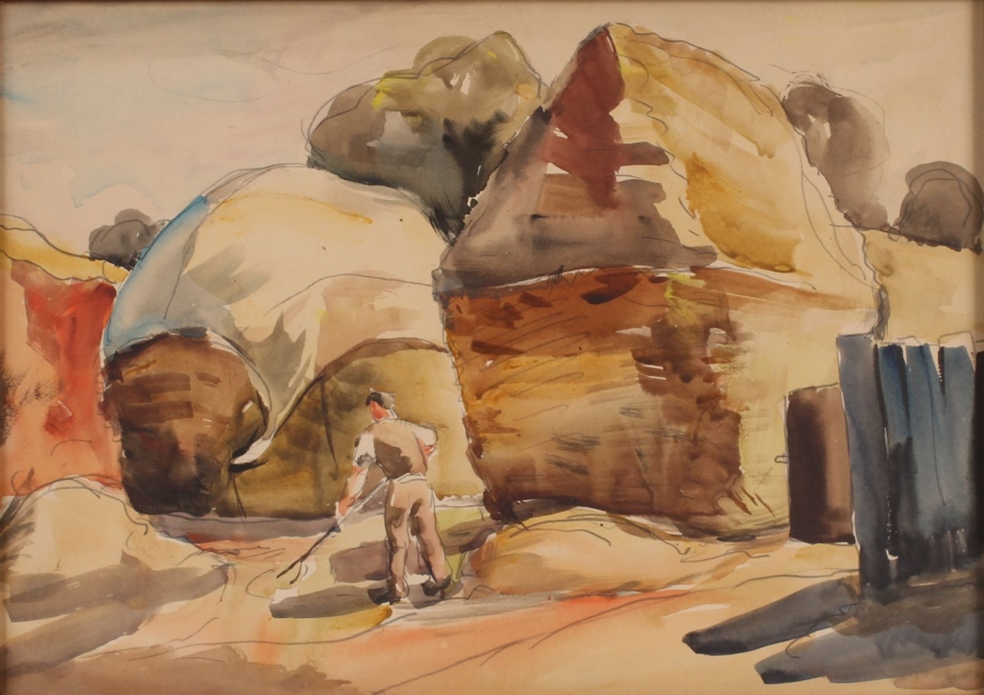 Allan Walton 1891-1948, study of harvesting scene with farm worker in the fore ground, watercolour
