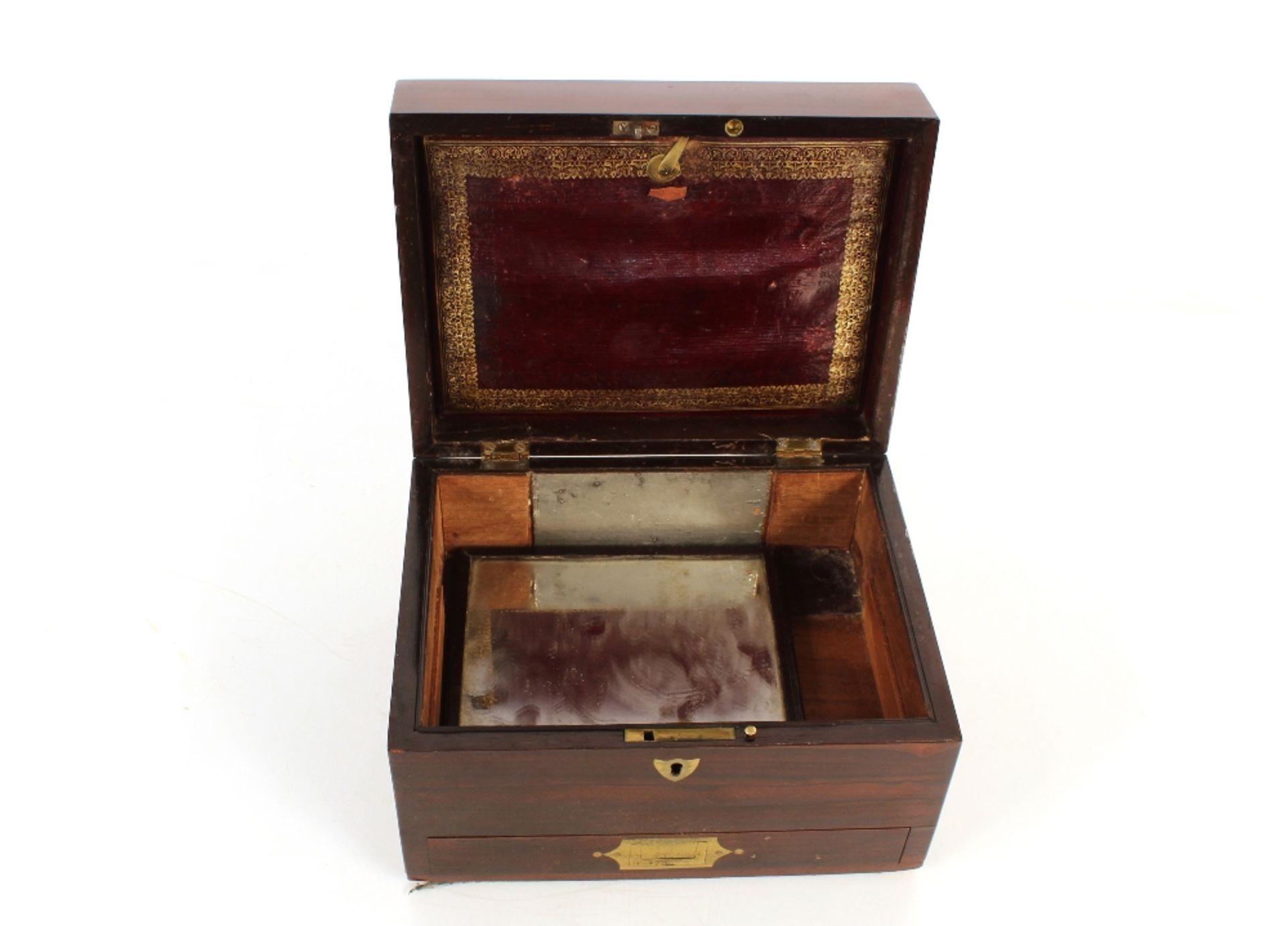 A 19th Century rosewood travelling toilet box, with sunken brass handles, 25.5cm wide x 16cm high - Image 2 of 3