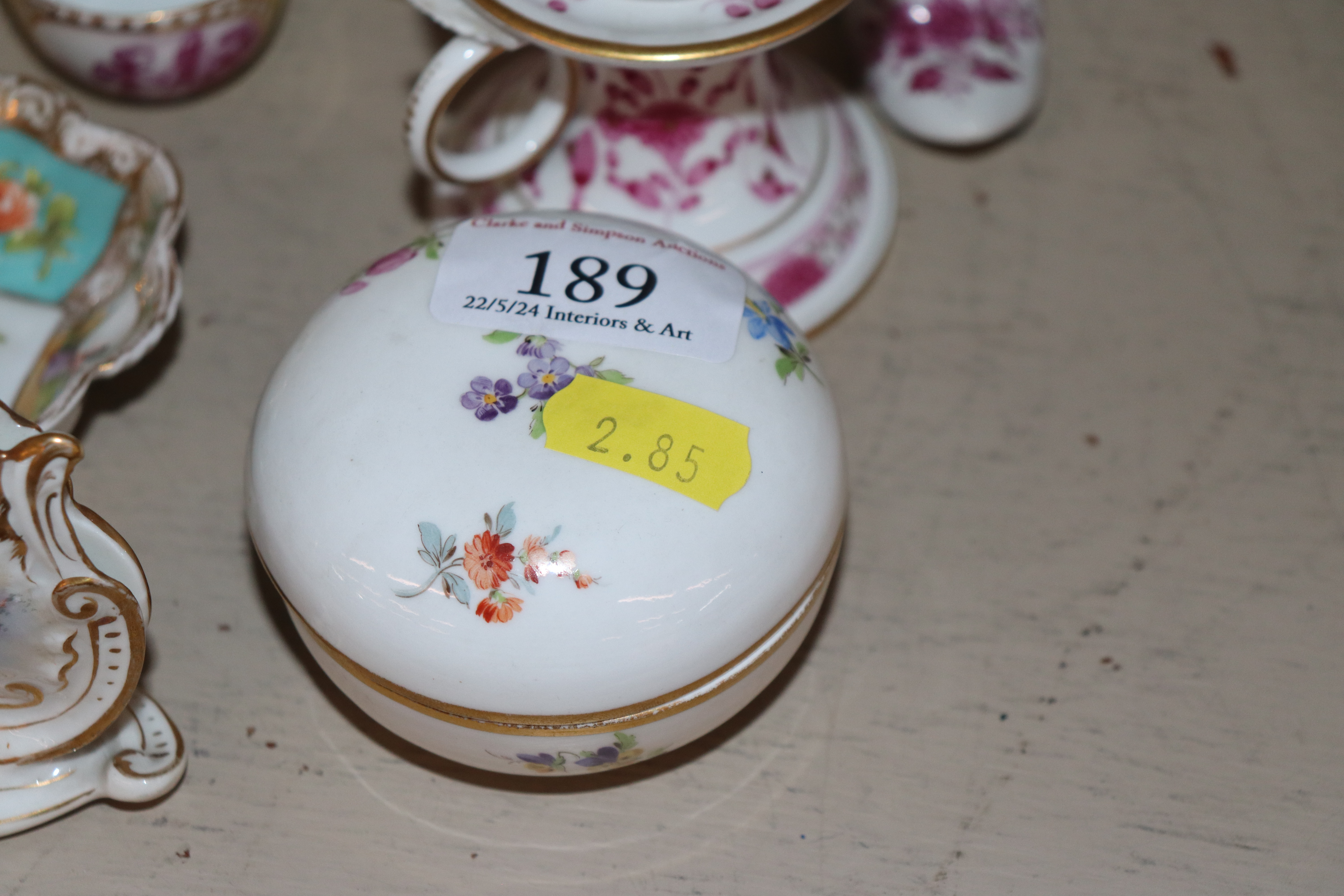 A Meissen inkwell on saucer shaped stand; a pair of matching chamber sticks AF; various miniature - Image 20 of 21