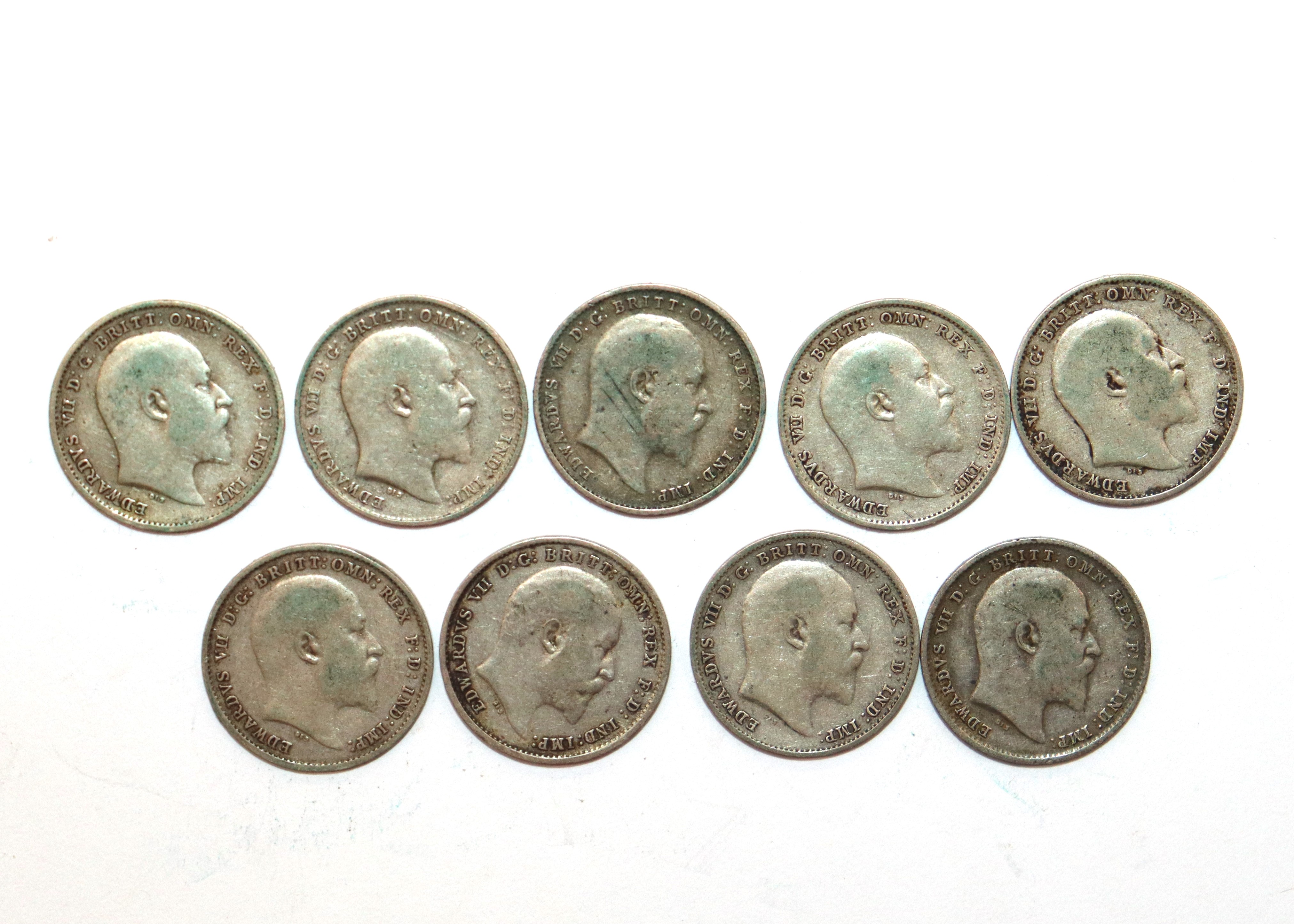 Nine Edward VII silver threepence pieces, 1902-1910 - Bild 2 aus 3