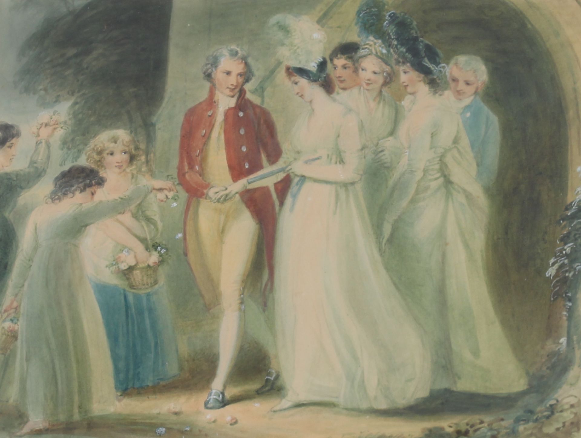 Thomas Stothard 1755-1834, "Wedding Procession" watercolour label verso, 29cm x 38cm