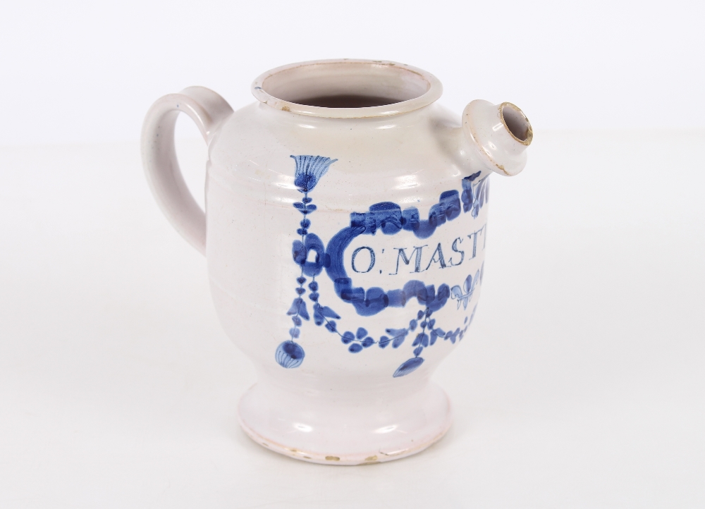 A fine London Delft wet drug jar, decorated in blue, the scrollwork panel inscribed "O:Mastichin" - Image 2 of 12