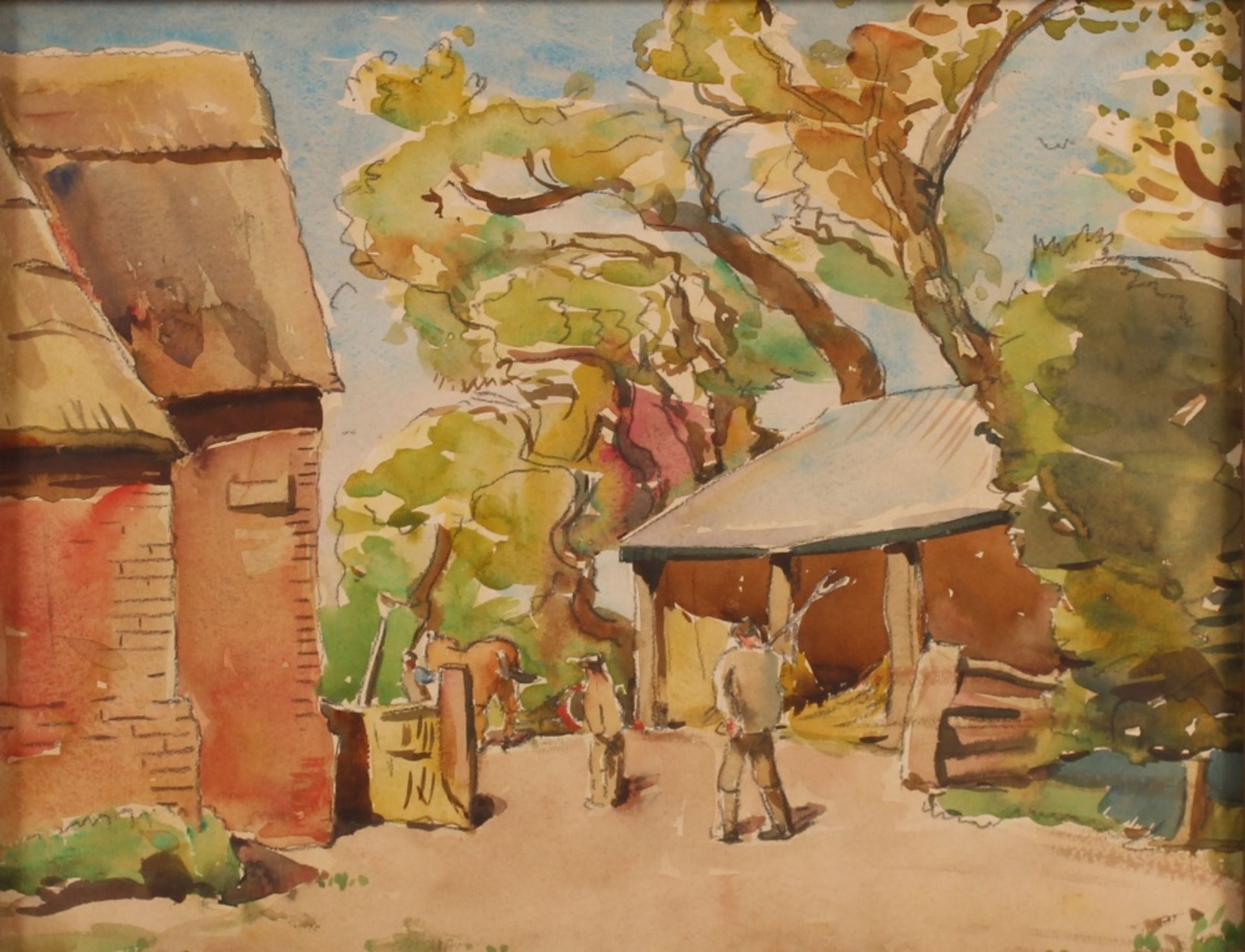 Allan Walton 1891-1948, study of rural scene with farm workers and horse, 21.5cm x 28cm