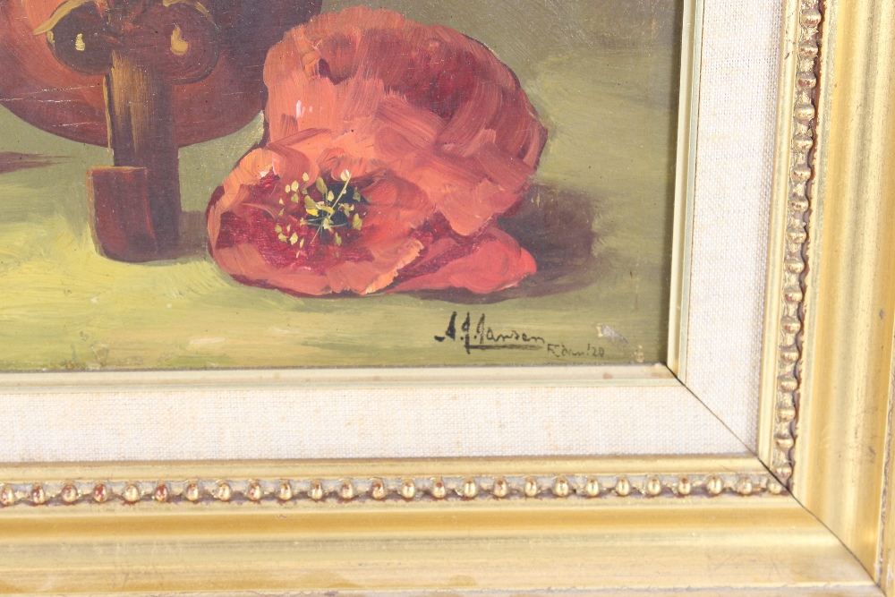 P.J. Jansen, pair of still life studies "Poppies" and "Roses" signed oils on board 37.5cm x 26.5cm - Image 6 of 6