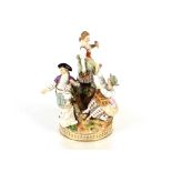 A 19th Meissen figure group, depicting flower sellers and a street vendor gathered around a tree