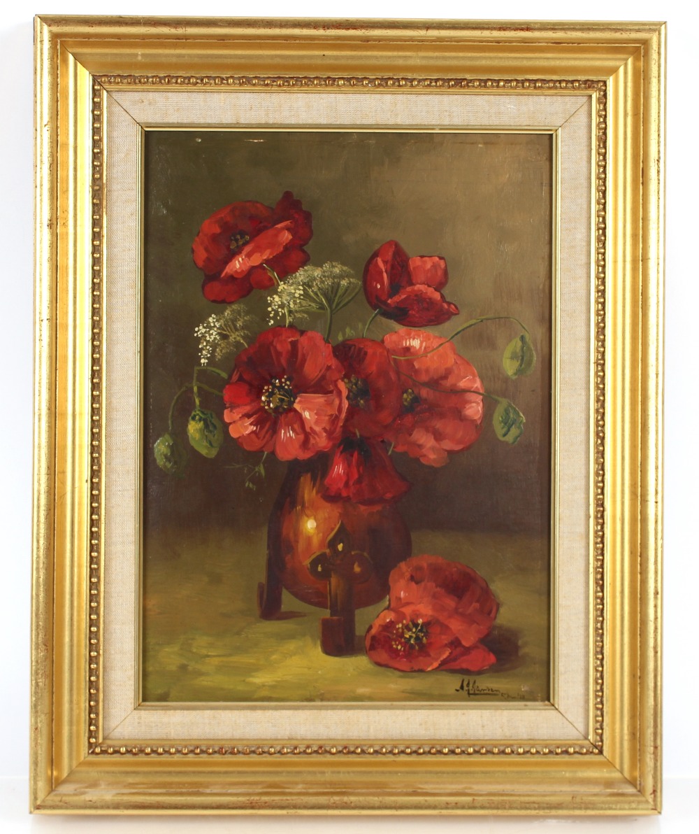 P.J. Jansen, pair of still life studies "Poppies" and "Roses" signed oils on board 37.5cm x 26.5cm - Image 4 of 6