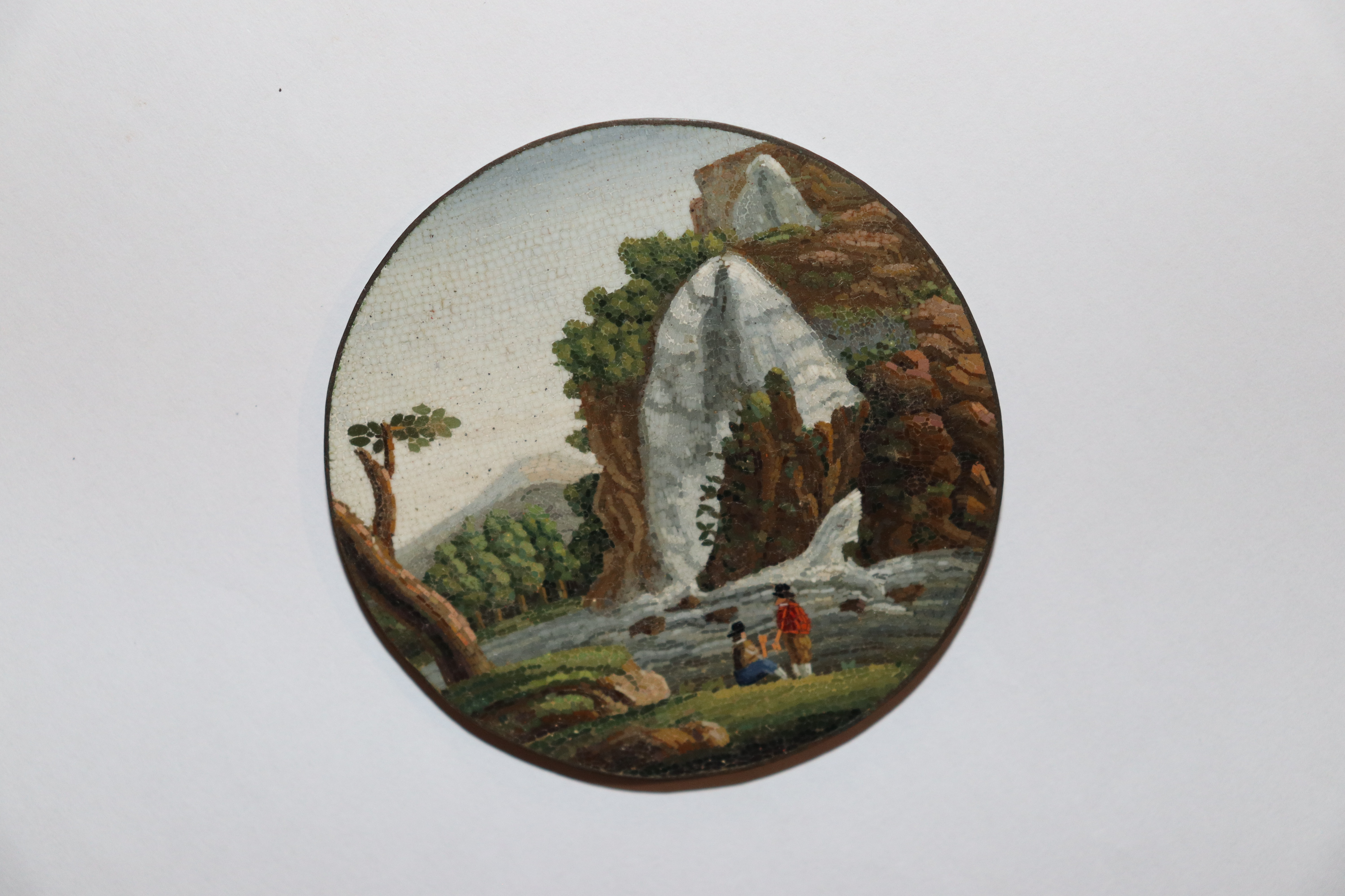 A miniature circular micro mosaic picture depicting figures in front of a waterfall; and a pair of - Image 4 of 11