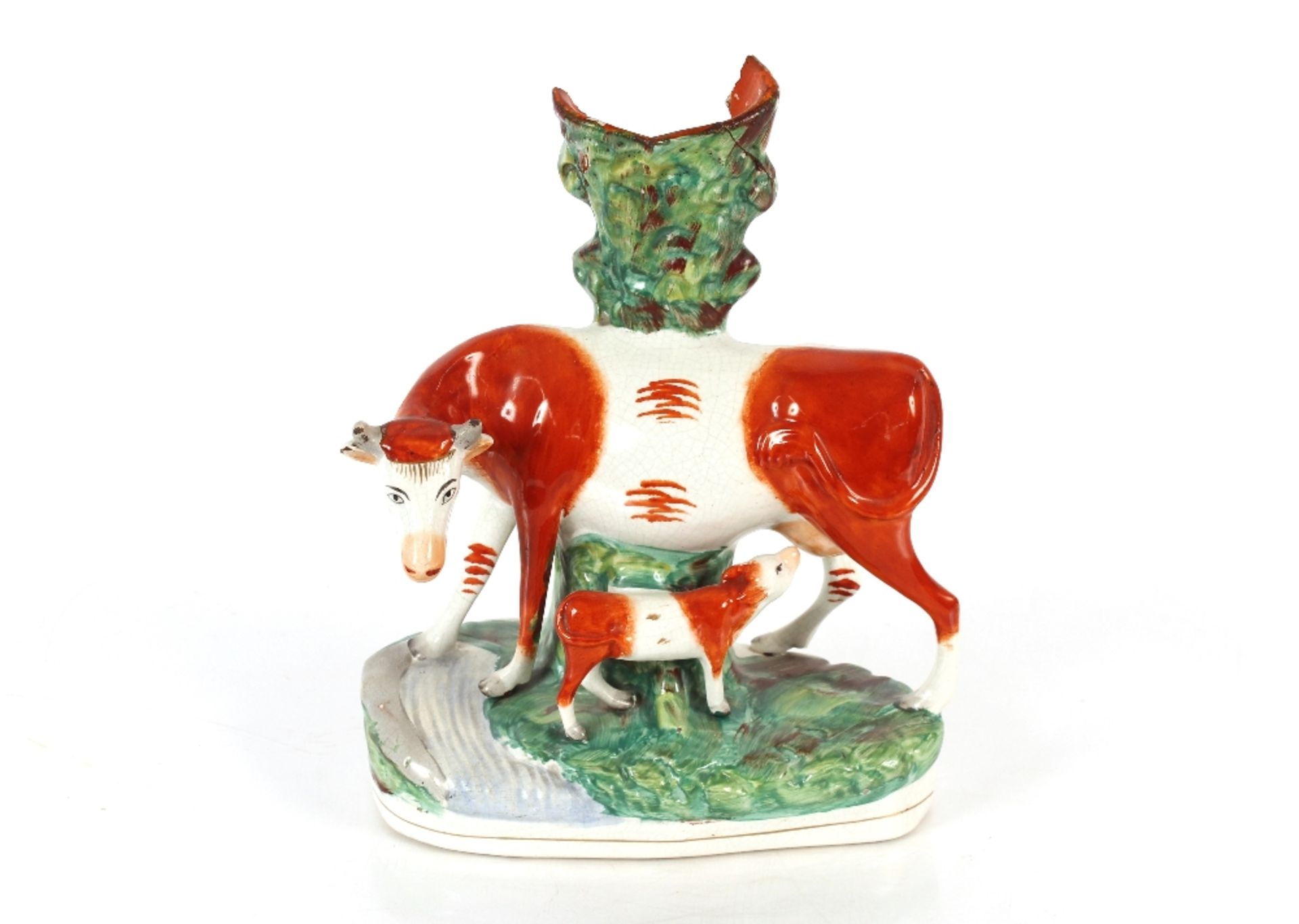 A Staffordshire cow and calf spill holder AF; a Staffordshire figure of a maiden with riding whip; - Image 3 of 3