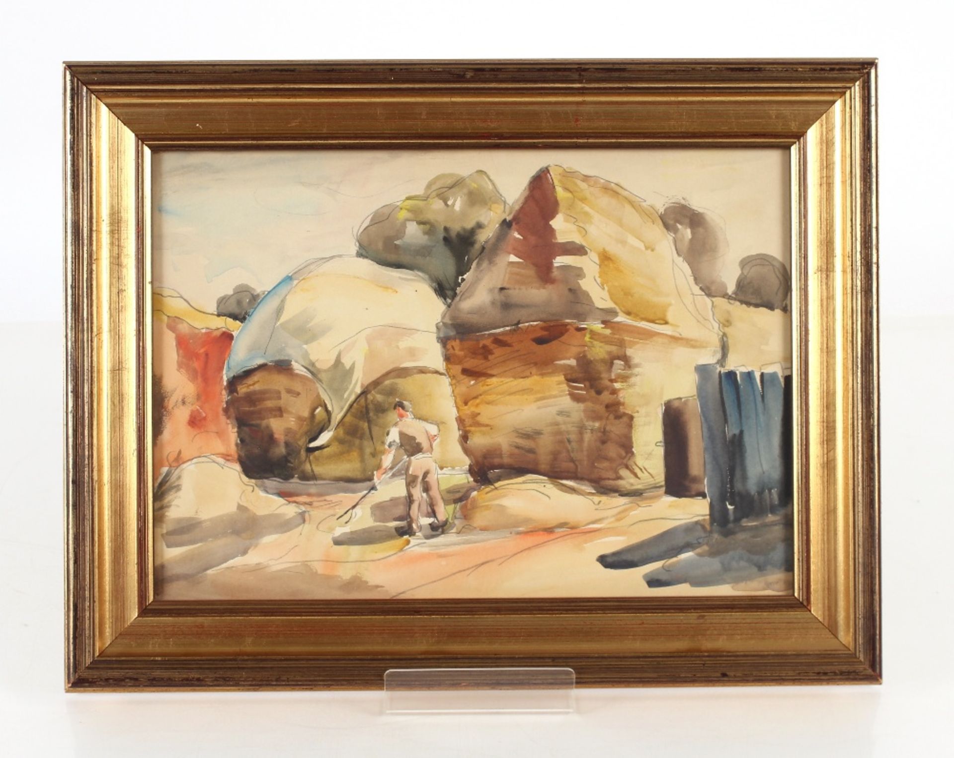 Allan Walton 1891-1948, study of harvesting scene with farm worker in the fore ground, watercolour - Image 2 of 2