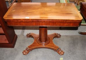 19th Century mahogany cross banded and boxwood strung card table, the rectangular folding swivel top