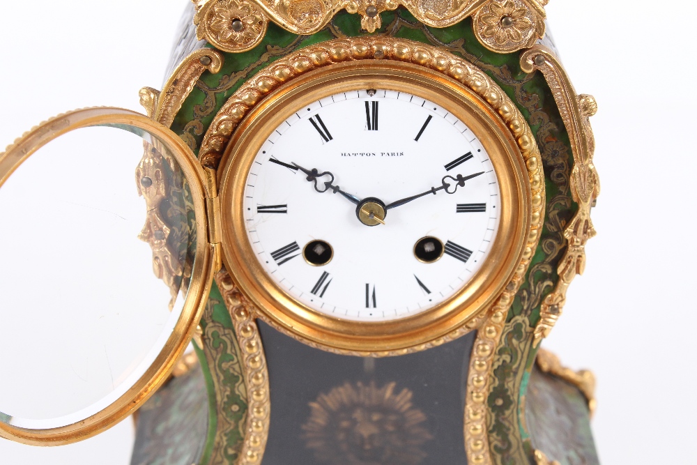 A green stained tortoiseshell and inlaid mantel clock by Hatton of Paris, eight day movement - Image 2 of 13