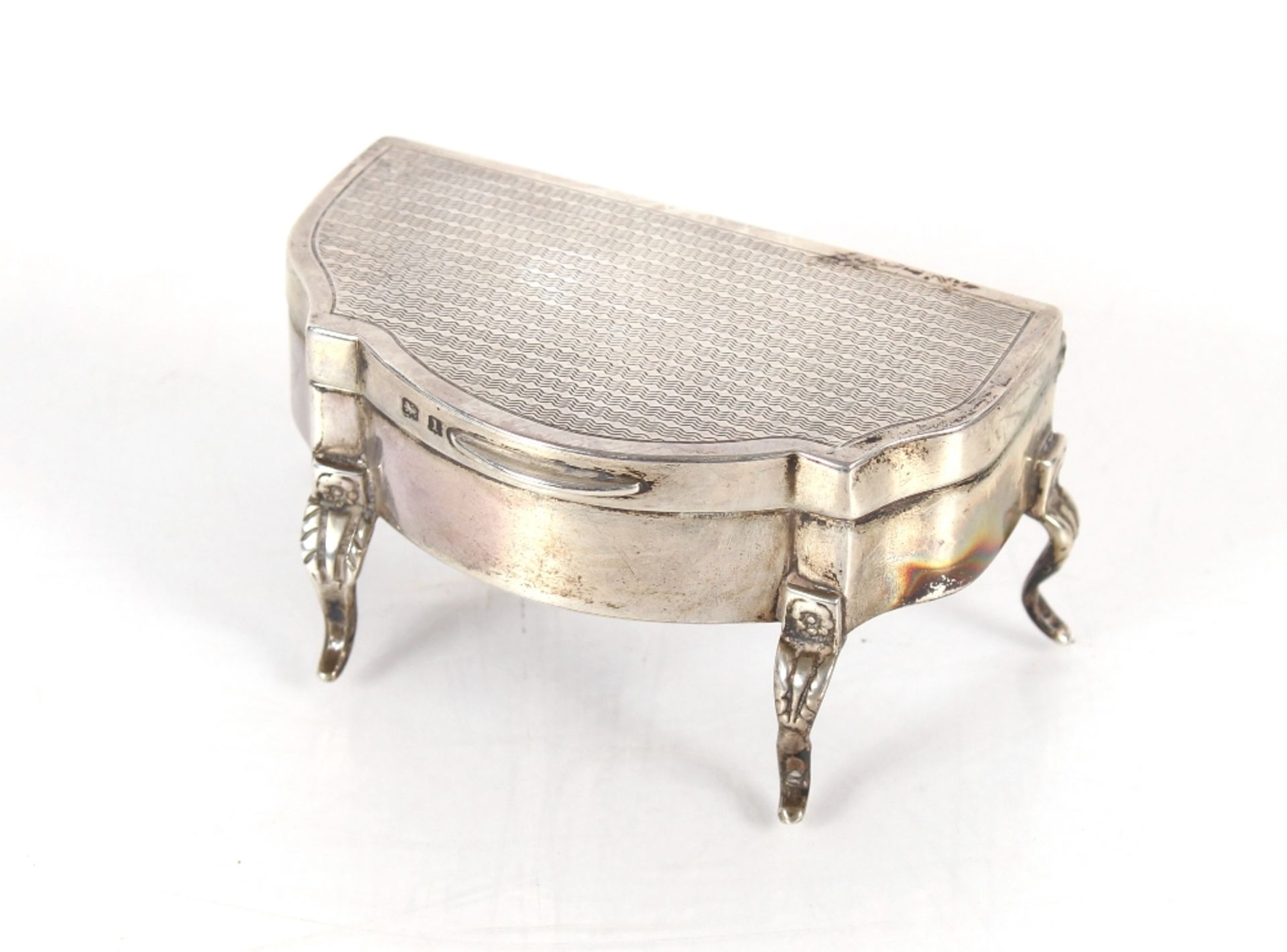 A small silver trinket box in the form of a miniature cabinet with hinged top, Birmingham 1910