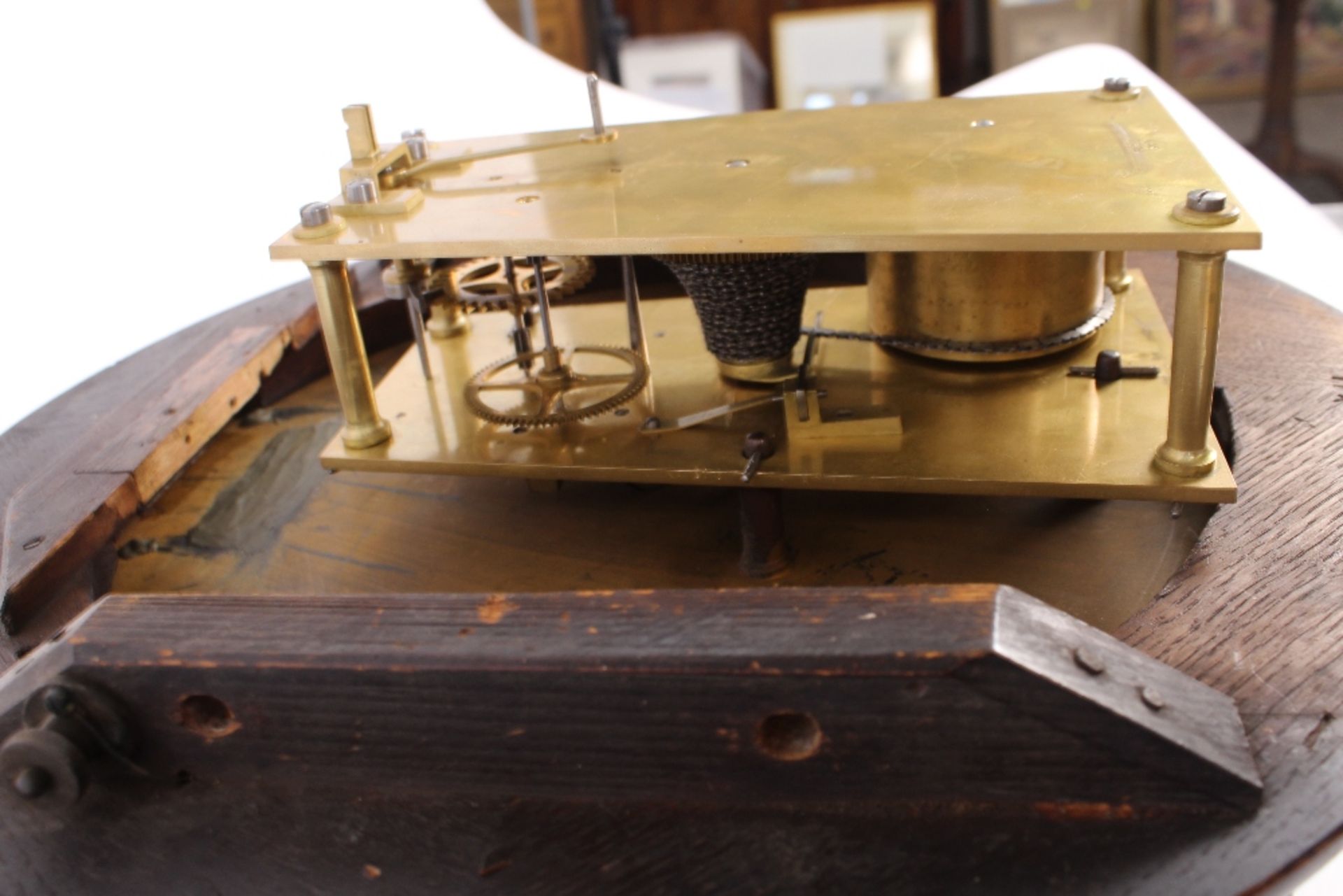 A Victorian oak cased drop dial wall clock, having single fuseé movement, by Burrell Sheffield, dial - Image 7 of 11