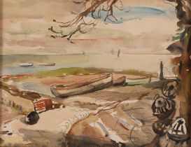 Allan Walton 1891-1948, coastal scene with boats and lobster pots on the foreshore, vessels out to