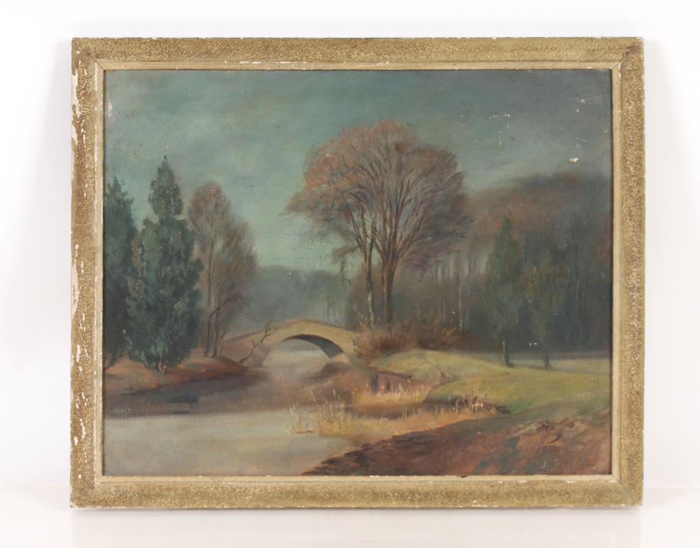 J Pilters (German 1887-1957), rural study of a bridge across a river, signed oil on board, 44cm x - Bild 2 aus 2