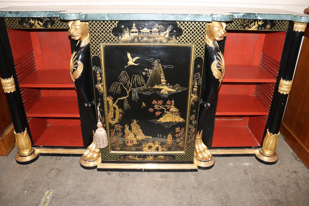 A Chinoiserie decorated credenza surmounted by green marble top, central cupboard and open end - Image 3 of 4