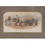 A small Victorian watercolour depicting three figures tending to ox whilst pulling a haycart; and