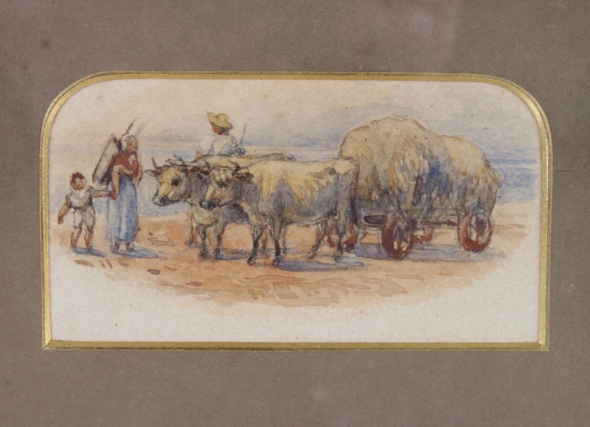 A small Victorian watercolour depicting three figures tending to ox whilst pulling a haycart; and