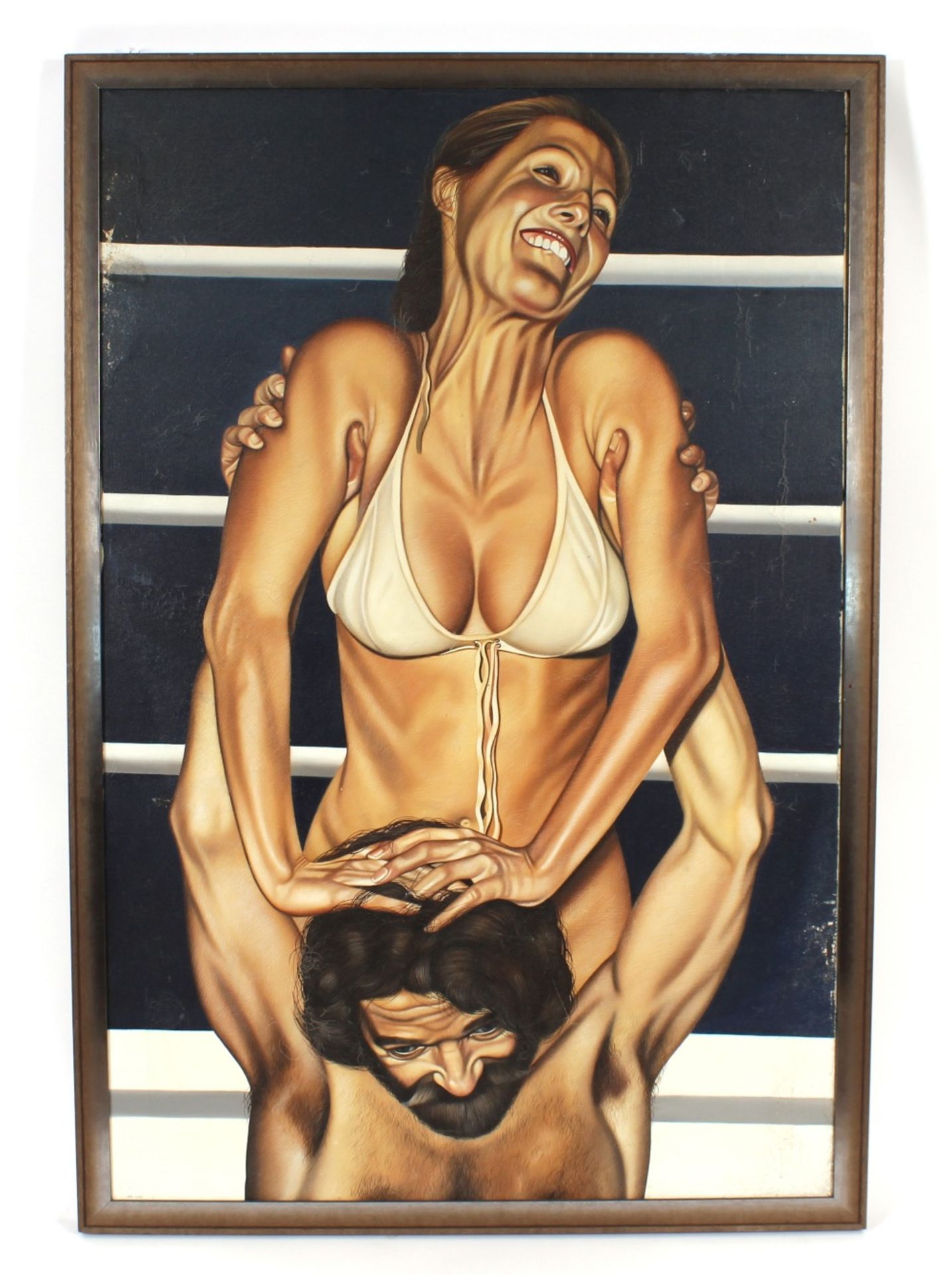 Eric Scott, oil on canvas depicting a man holding a scantily clad woman aloft, signed oil 131cm x - Image 2 of 4