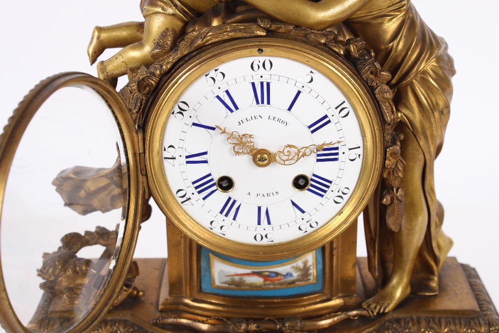 A French ormolu mantel clock by Julian Leroy, Paris surmounted by figures of a maiden and cherub - Image 2 of 6