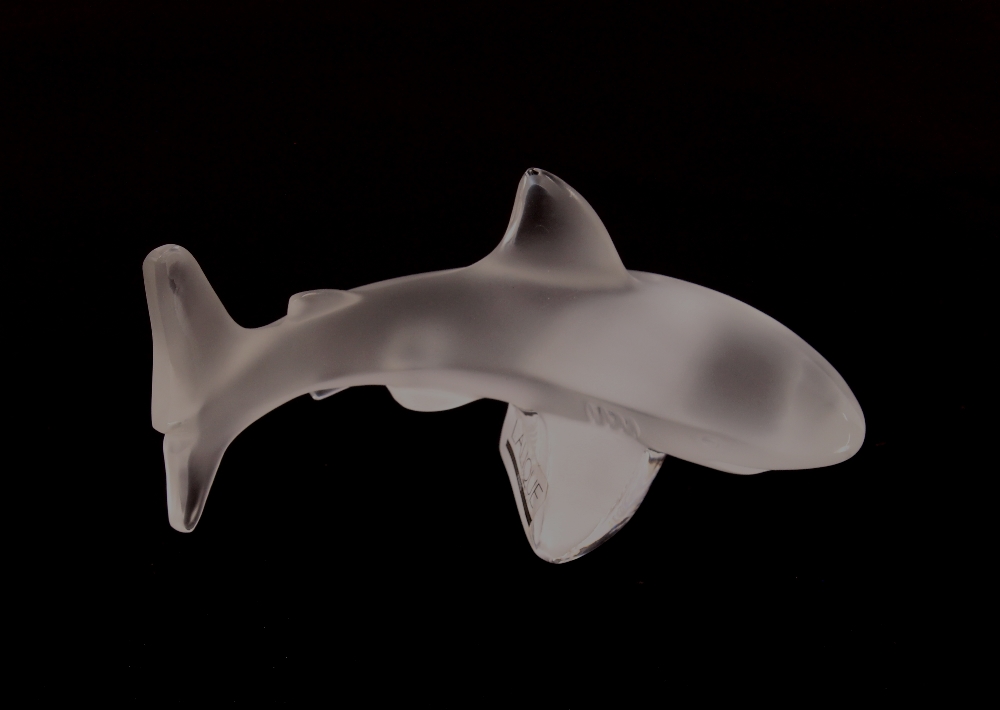 A Lalique frosted glass figure of a shark with original Lalique label