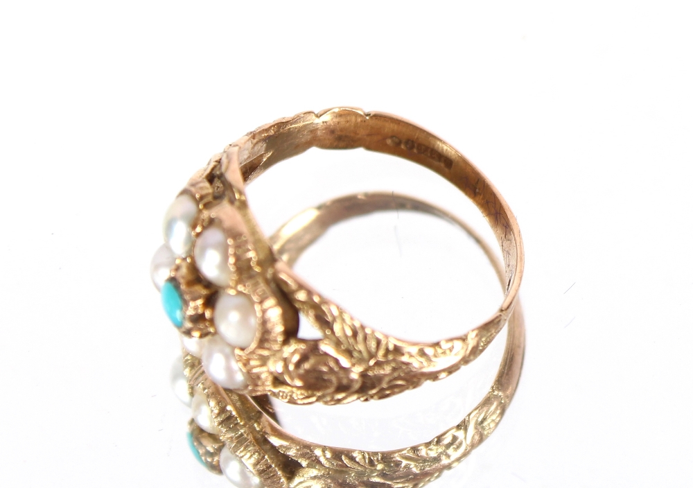 A 9ct gold turquoise and seed pearl set dress ring, 2.2gms - Image 4 of 5