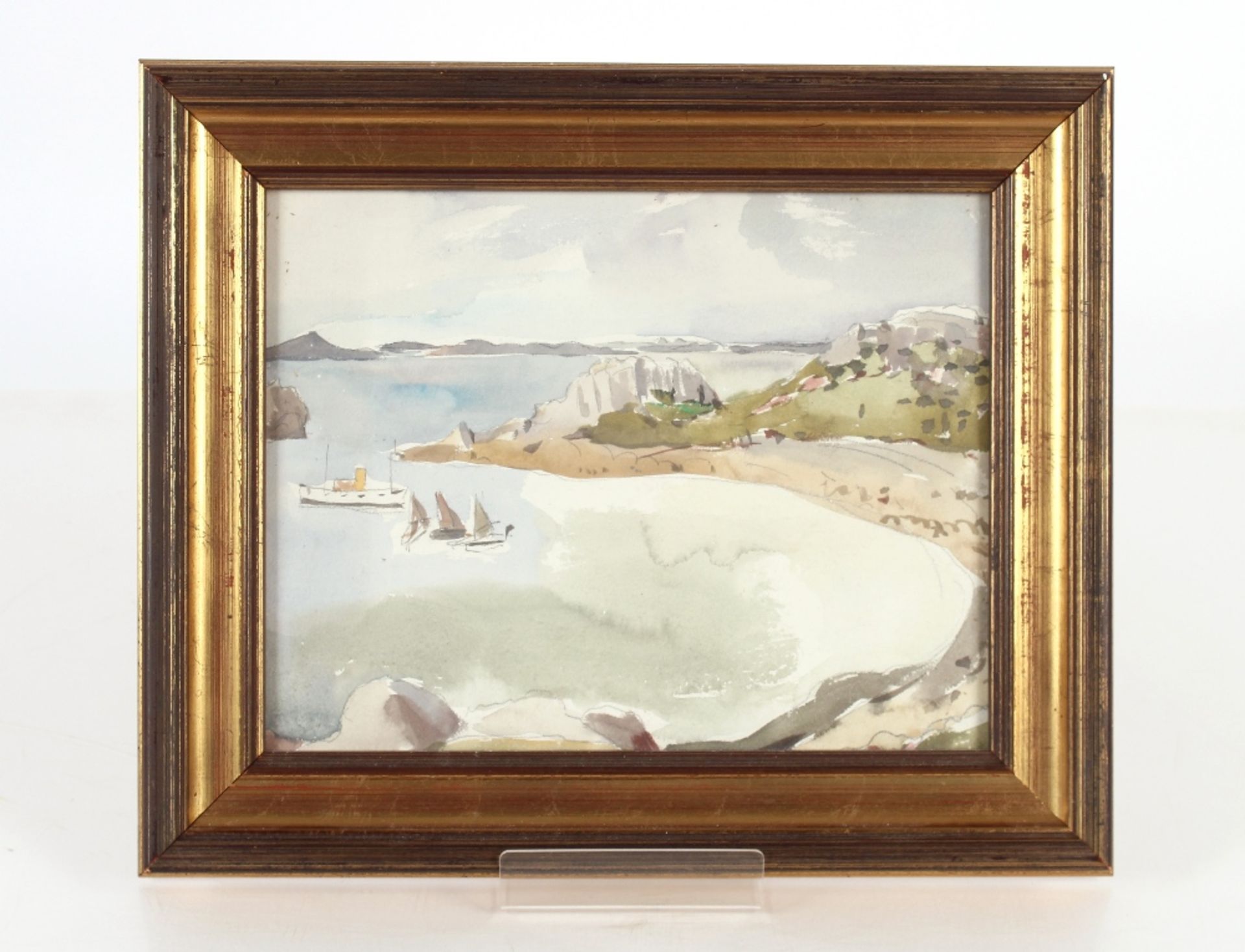 Allan Walton 1891-1948, coastal study of sailing vessels near the shore, 22cm x 28cm - Image 2 of 2