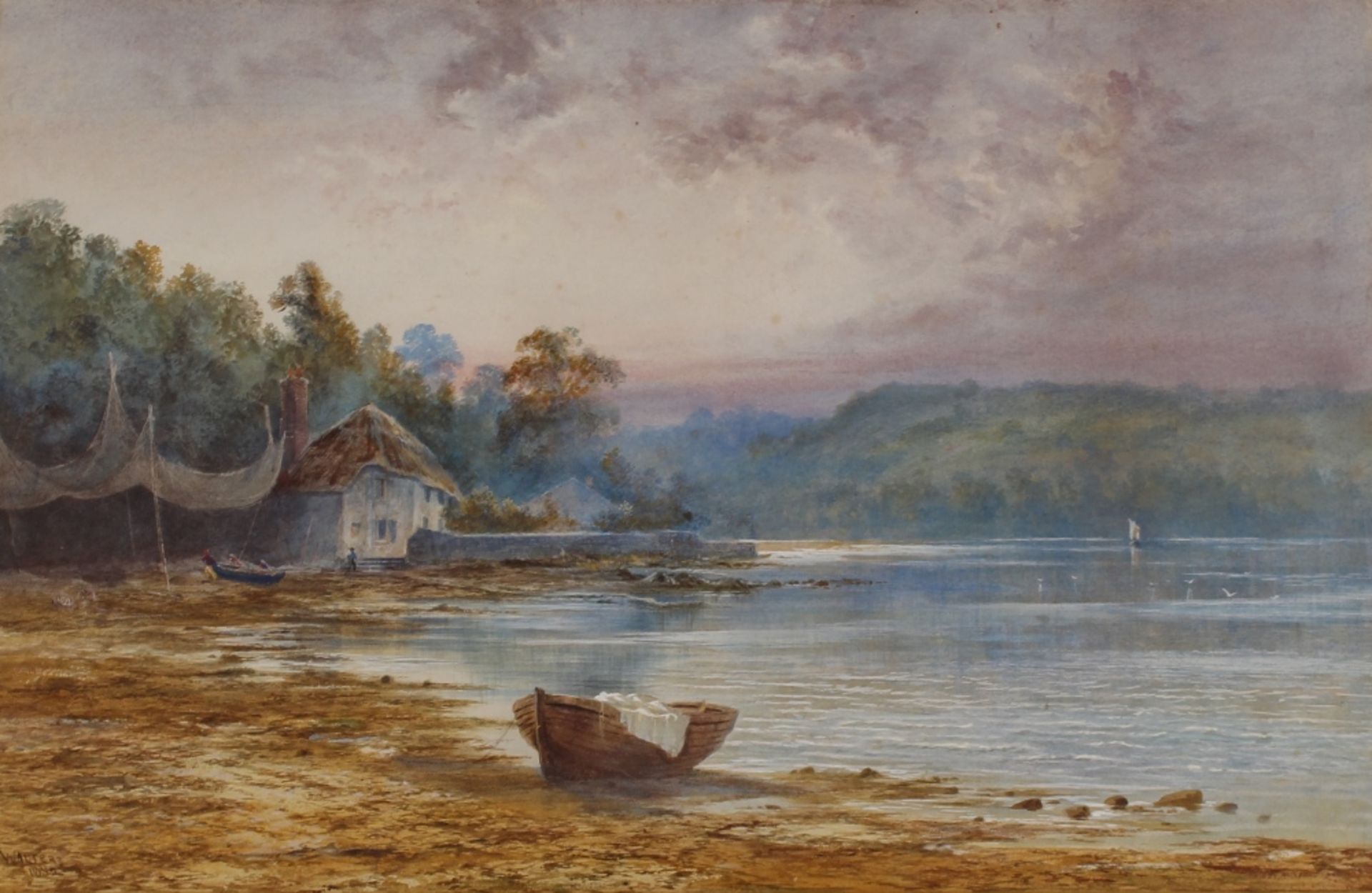 F. Walters, lake study with fisherman's cottage and vessels, signed watercolour dated 1892, 49cm x