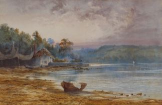 F. Walters, lake study with fisherman's cottage and vessels, signed watercolour dated 1892, 49cm x