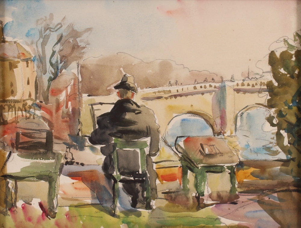 Allan Walton 1891-1948, study of a figure seated by a river bank, bridge in the far ground,