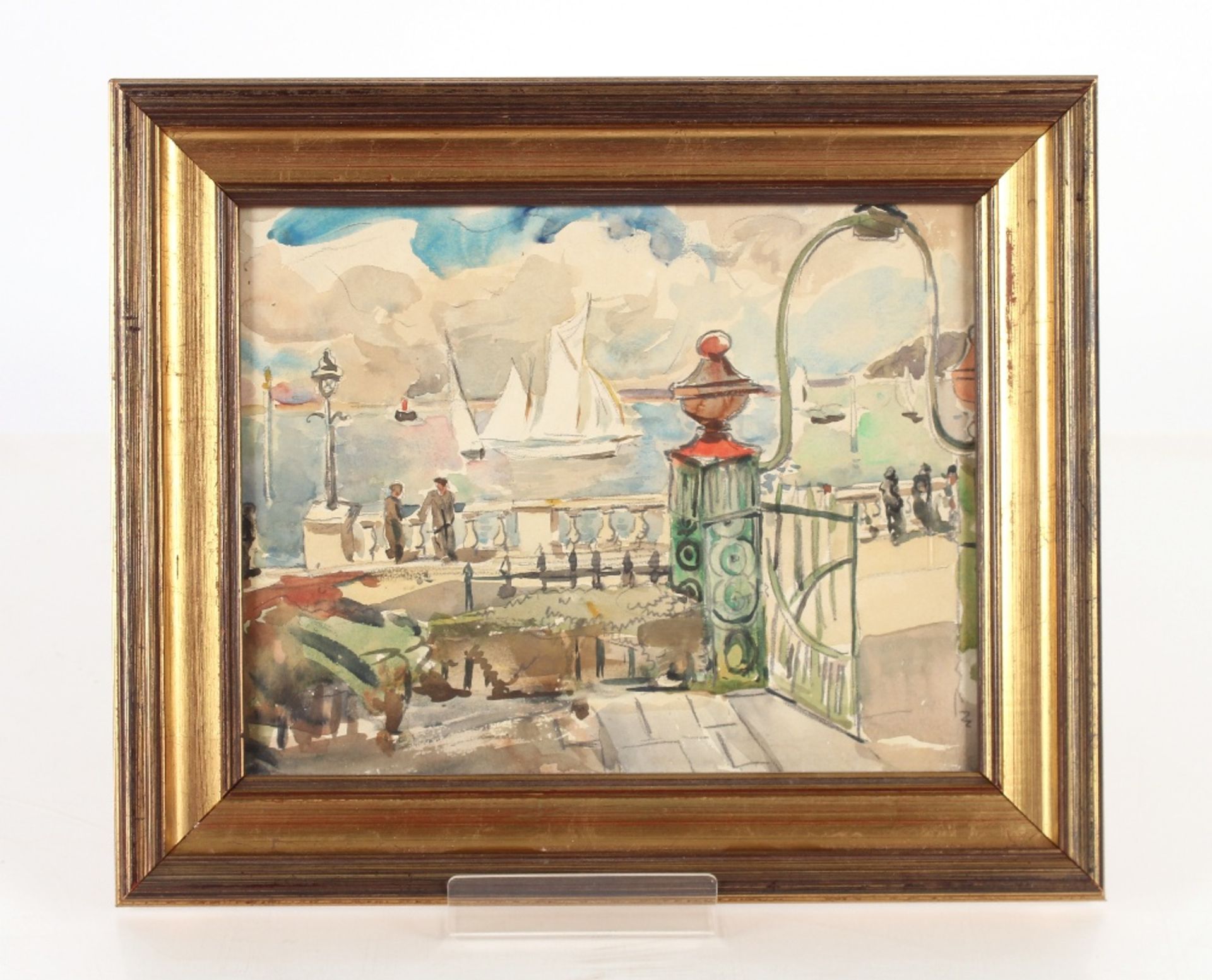 Allan Walton 1891-1948, harbour study with figures leaning against balustrades, sailing vessels - Image 2 of 2